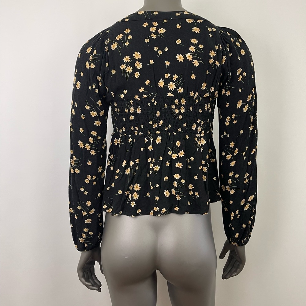 American Eagle Outfitters Blouse Womens S Black w. Yellow Floral Puff Sleeve Top - Picture 3 of 14